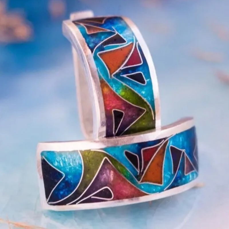 Ethnic Fashion Wear - Ethnic Silver Color Enamel Hoops Earrings