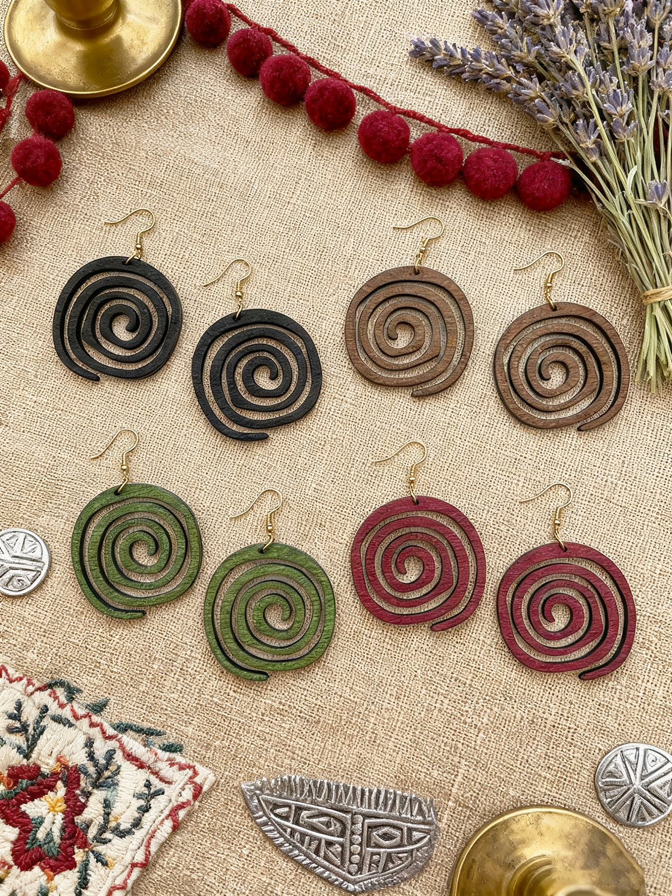 Ethnic Fashion Wear - 4 Pairs/Set of Vintage-Style Wooden Geometric